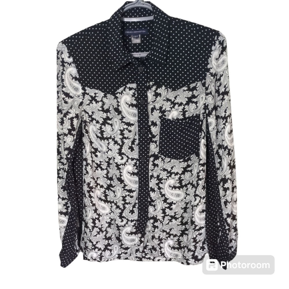 French Connection Black and White Paisley Party Patterned Shirt Size US 4